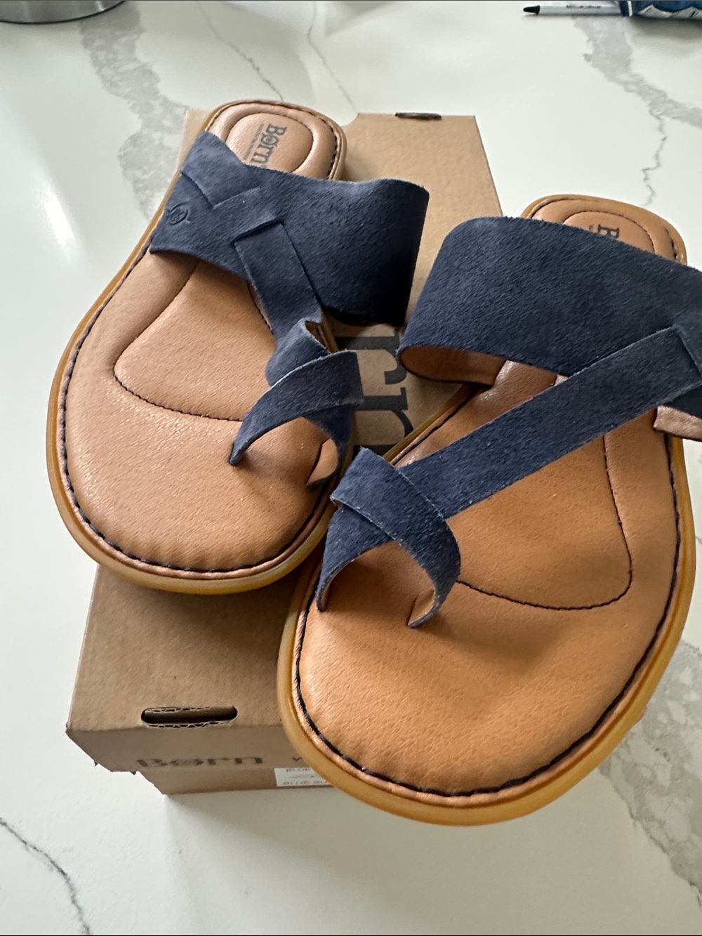 Born Navy Suede Cross-Strap Toe-Loop Sandals